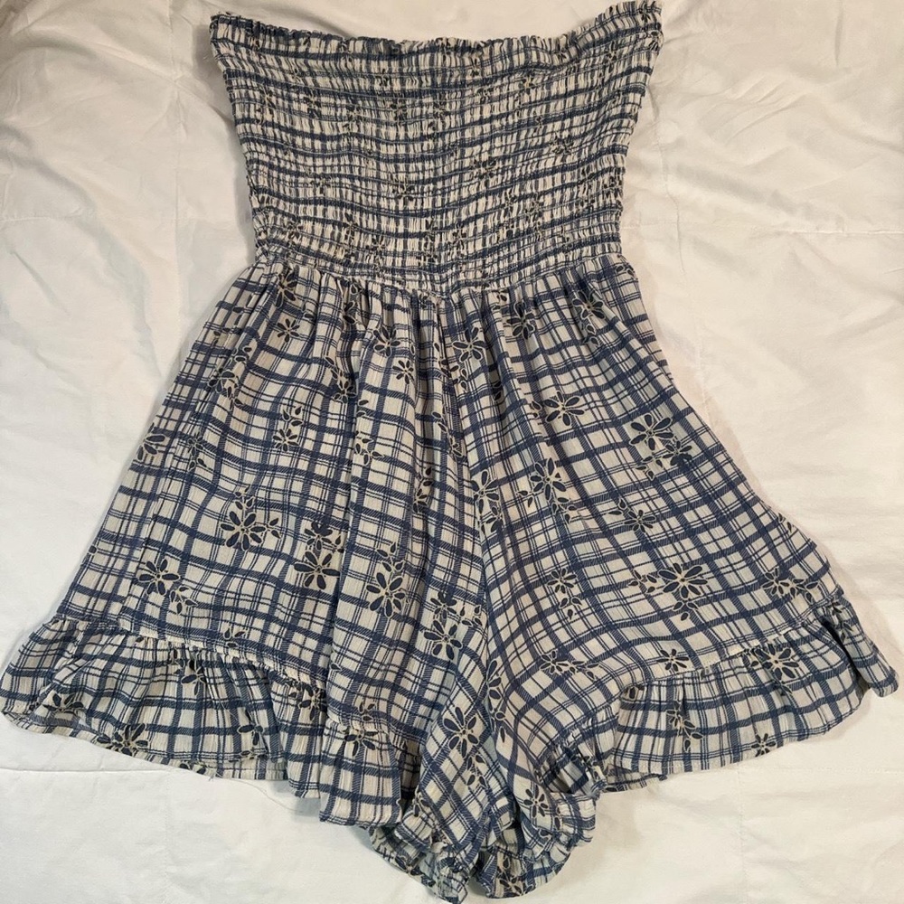 Angie Blue and White Plaid/Floral Strapless Romper